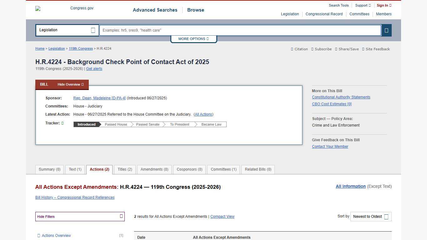 Actions - H.R.4224 - 119th Congress (2025-2026): Background Check Point of Contact Act of 2025 Congress.gov Library of Congress